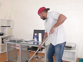 Redhead MILF in stockings fucks the cleaning guy